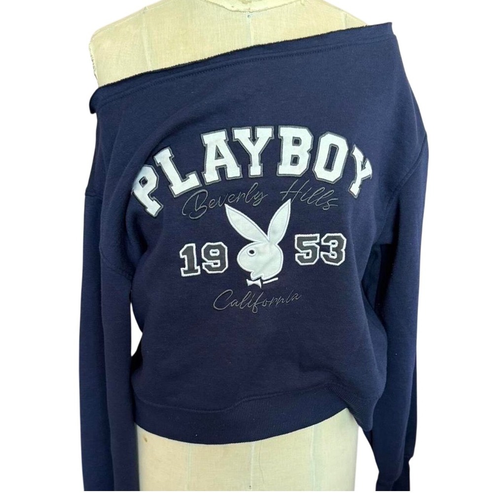 Playboy Beverly Hills California 1953 Off Shoulder Sweatshirt Navy Blue Medium
